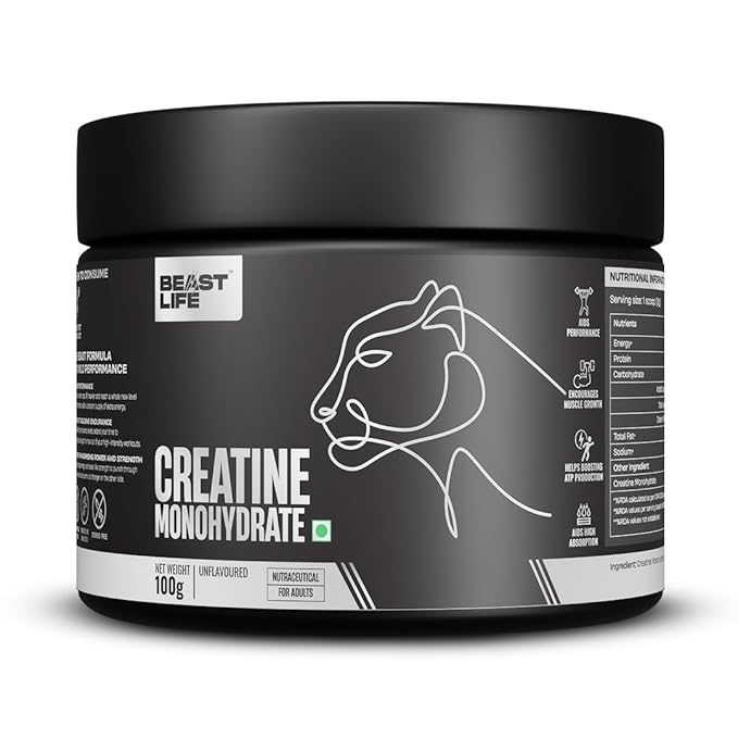 BeastLife Creatine Monohydrate Powder 100g (33 Servings) Unflavoured | Super Micronized for Fast Absorption | NABL Lab Tested | Boosts Strength & Athletic Performance