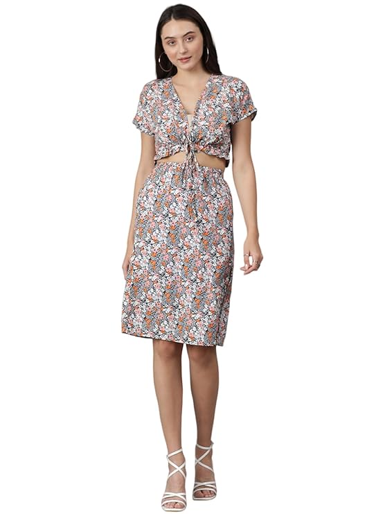 KOTTY Women's Solid Relaxed Fit Short Sleeve Co-ord Top and Skirts Set