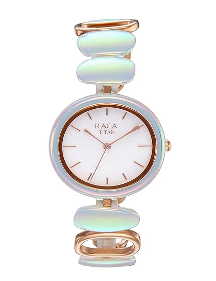 Titan Raga Ceramics Update Quartz Analog MOP Dial with Brass Strap Watch for Women
