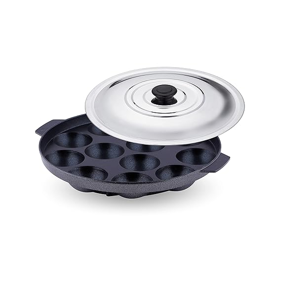 Attro Non-Stick Heavy Duty 12 Cavity Aluminium Appam Patra Paniyarakkal Two Side Handle with Steel Lid and Wooden Picker (Black)