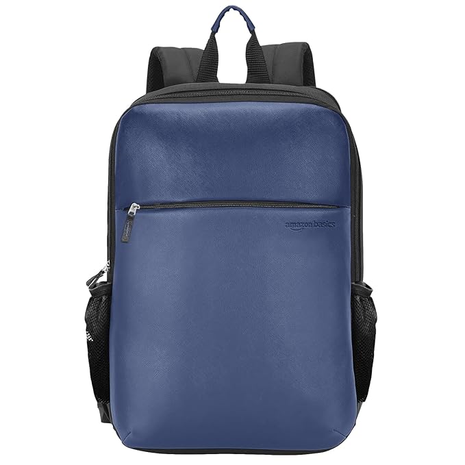 Amazon Basics Chairman 24L 4 Compartment Backpack|Padded Laptop Sleeve for 14" Devices |Water-Resistant Polyester & Vegan Leather|Multiple Compartments & Organizer|Trolley Handle Pass-Through (Blue)