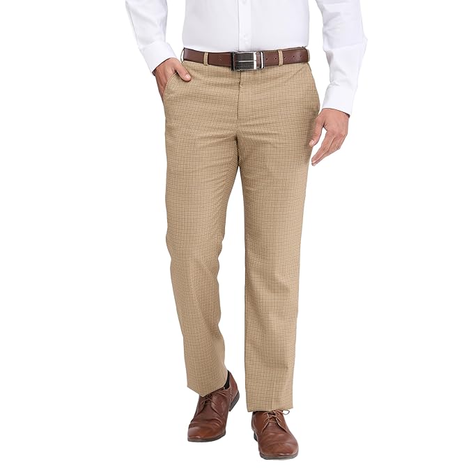 Park Avenue Men's Regular Fit Mid Rise Checks Pattern Poly Viscose Blend Flat Front Formal Trouser