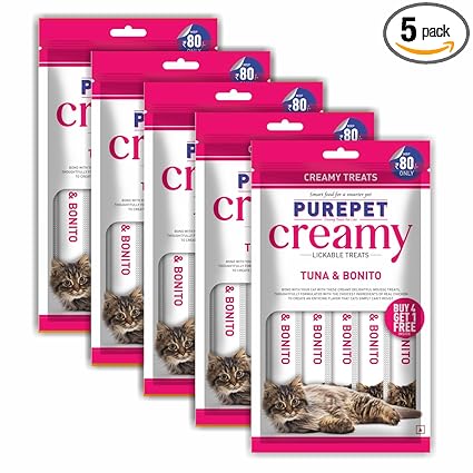 Purepet Creamy Lickable Cat Treats, Tuna & Bonito, Pack of 5 X 75 g, Total 375 g Pack