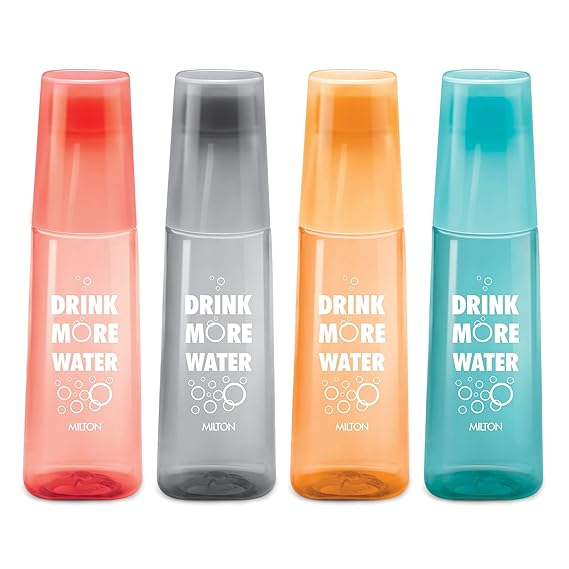 MILTON KIP SIP, Pack of 4 Water Bottles with Drinking Glass Lid, 1 Litre each, Reusable Plastic Fridge Bottle Set, BPA Free and Leak Proof Bottles for Travel, Work, Assorted