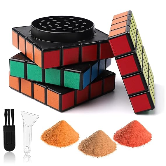 Spice Grinder, 58mm Grinder Cube Shape, 4 Layers Design Herb Crusher with Cleaning Shovel and Cleaning Brush Kitchen Tool for Herbs Spices