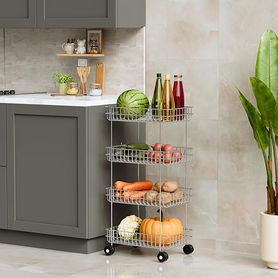 Stainless Steel Modern Kitchen Storage Rack Folding Perforated Design Trolley Spice Fruits and Vegetable Onion Potato Organizer Stand Trolley with Wheel Kitchen Trolley -Trollye-4Lear