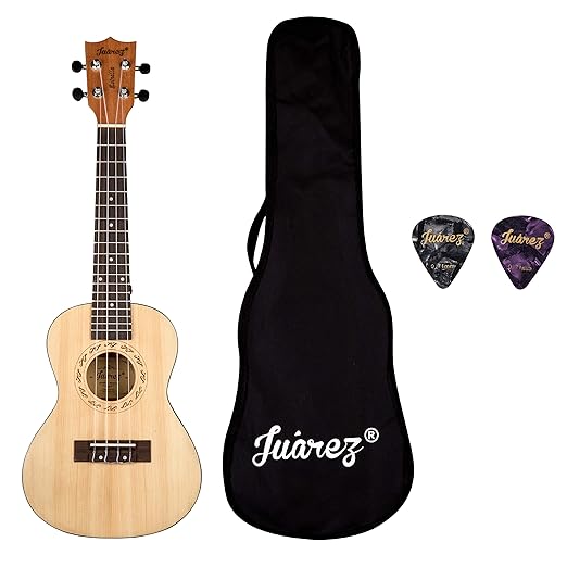 Juarez Estrélla 23" Concert Ukulele, Spruce Top, Mahogany Back & Side, ABS Binding Aquila Italian Strings, Black Diecast Machine, Rosewood Fretboard & Bridge with Gig Bag, 2 Picks, Natural