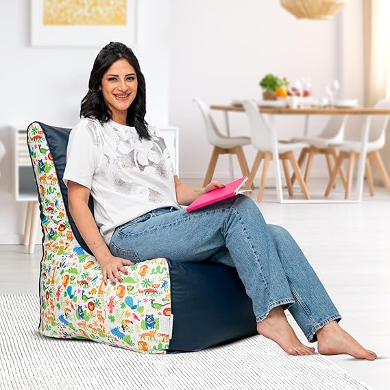 Solimo Premium Faux Leather Bean Bag Chair Filled with Beans | Capacity: Upto 6 Ft 3 in Height, 120 KG Weight | Animal Print | Blue