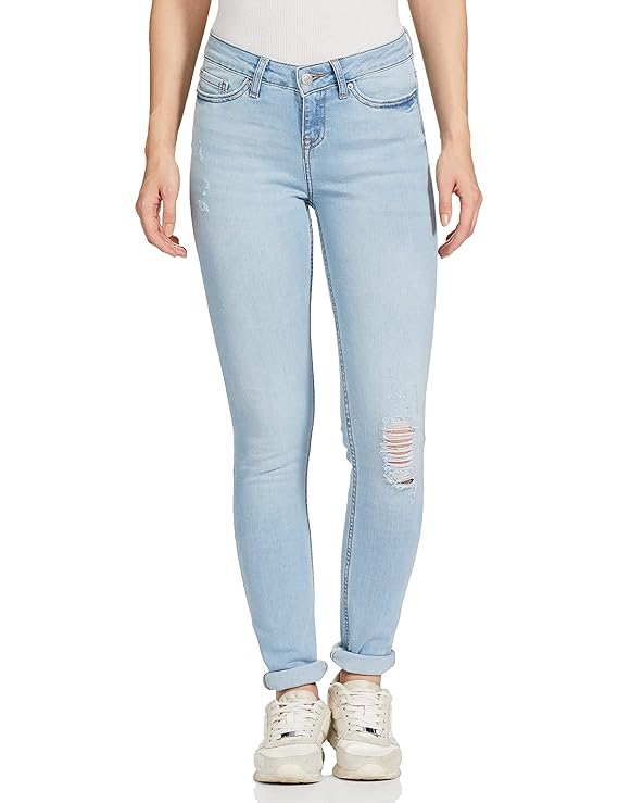 VERO MODA Women's Skinny Fit High Rise Lighly Distressed Jeans