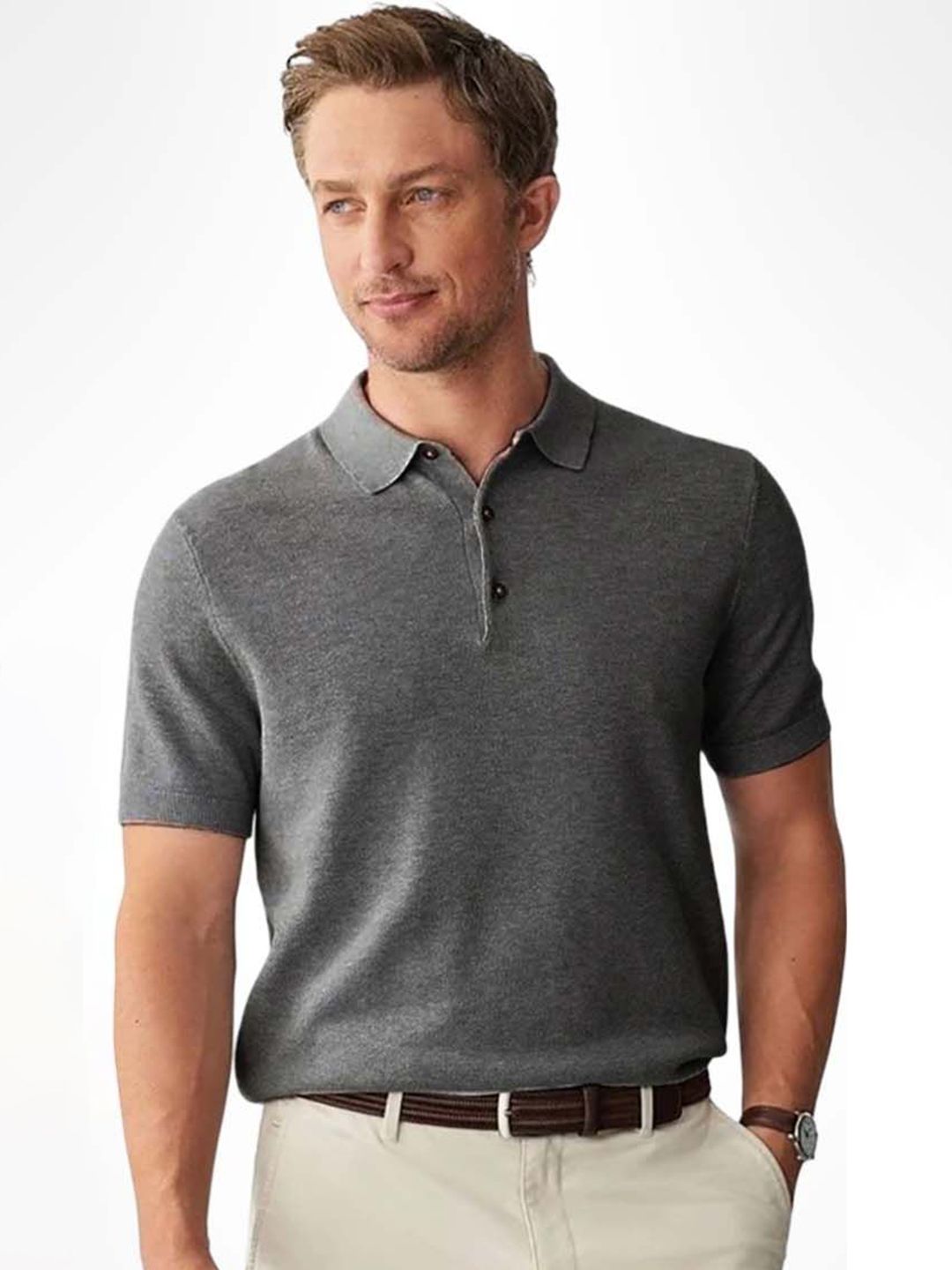 Grey Textured Polo Collar T-shirt