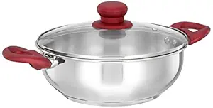 Amazon Brand - Solimo Stainless Steel Heavy Bottom Kadhai with Glass lid |Three Layer Impact Forged Bottom|Durable|Soft Touch Handles and Knob|2L | Silver