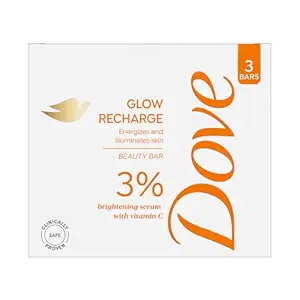Dove Glow Recharge Serum Beauty Bar | 3% Brightening serum + Vit C | Energizes & Illuminates skin | Paraben & SLS free | 375g (125g x 3)