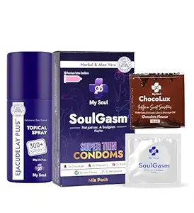 My Soul Intimate Combo for Men – Herbal Condoms, Topical Climax Control Spray & Chocolate Flavored Lubricant Sachet | Long Lasting Pleasure Kit