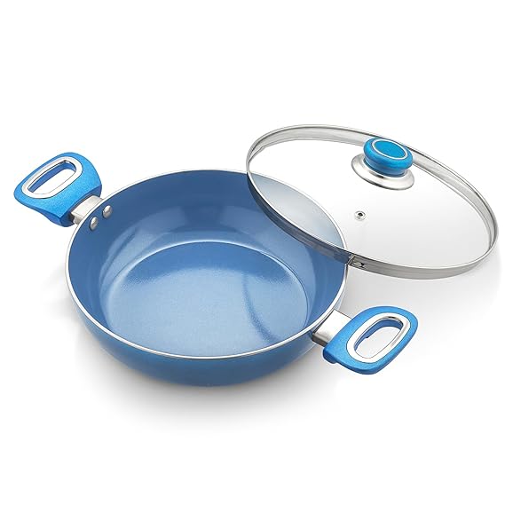 Amazon Brand - Solimo Blue Ceramic Non Stick Induction Base Deep Kadai 24Cm with Glass Lid