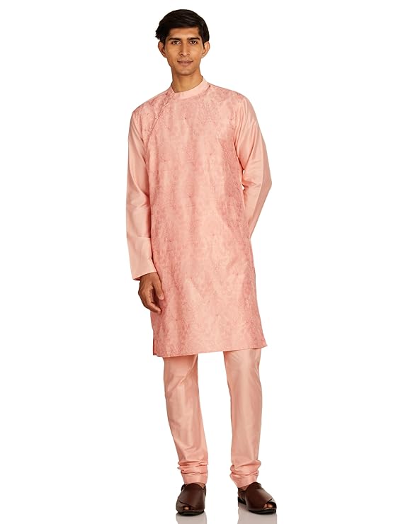 Amazon Brand - Symbol Men's Polyester Brocade Regular Festive Long Kurta & Pyjama Set (2pcs) for Men