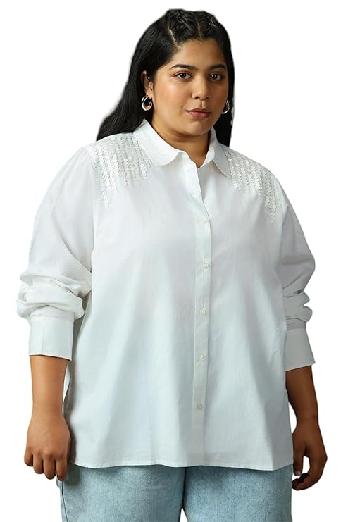 High Star Women Solid Cotton Oversized Fit Collar Long Sleeve Shirts 76