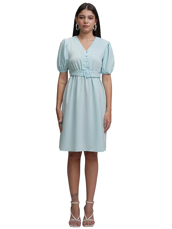 Tokyo Talkies Women's Elegant A-Line Dress with Belt & Pleated