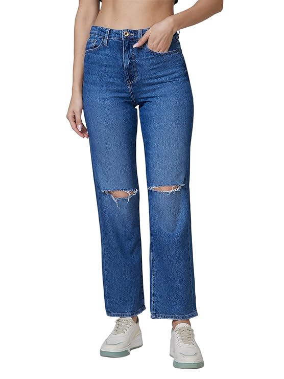 Spykar High Rise Straight Fit Blue Jeans for Women