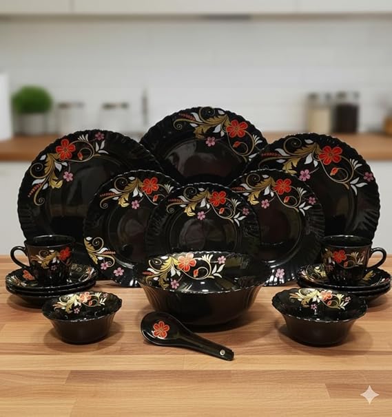 Opalware Divine Black 33 Pcs Dinner Set Serving for 6 | Daily Use Opal Glass Crockery Set | Microwave & Dishwasher Safe | Bone Ash-Free, Chip-Resistant | Elegant Plates & Bowls (D3)