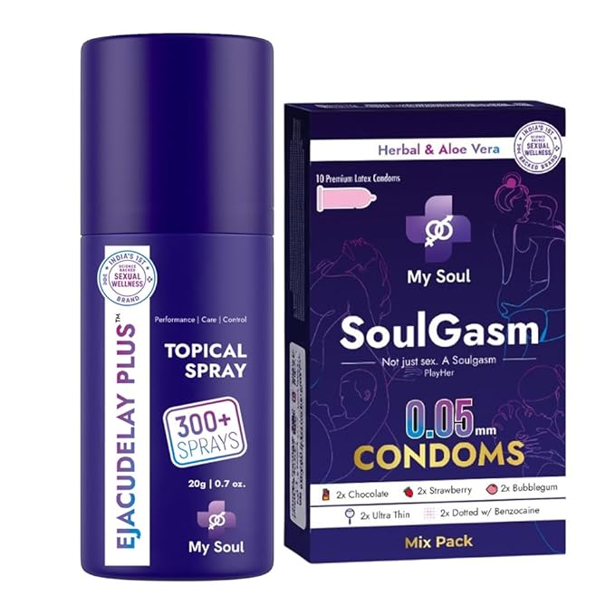 My Soul Mix Flavoured Ultra Thin Condoms & Spray Combo | Chocolate | Climax Delay | Strawberry | Bubblegum | Non Flavoured (10 count)