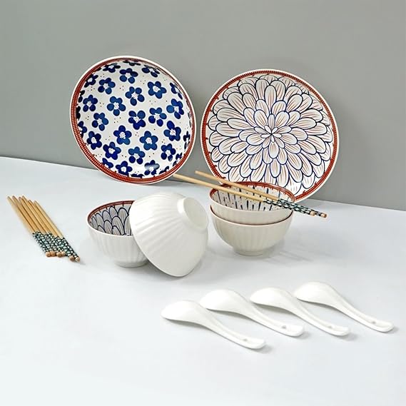 Amazon Brand - Solimo Ceramic Bowl with Plate & Spoon & Chopstick Set
