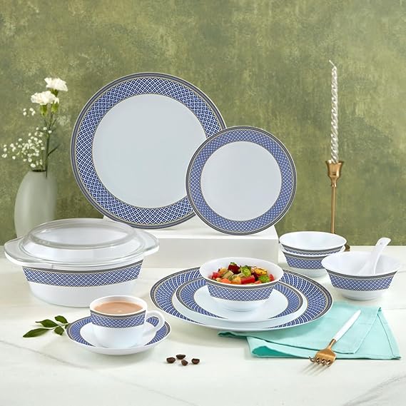 Larah by Borosil Emerald Weave Opalware Dinner Set | 62 Pcs for Family of 8 | Microwave & Dishwasher Safe | Bone-Ash Free | Crockery Set for Dining & Gifting | Plates & Bowls
