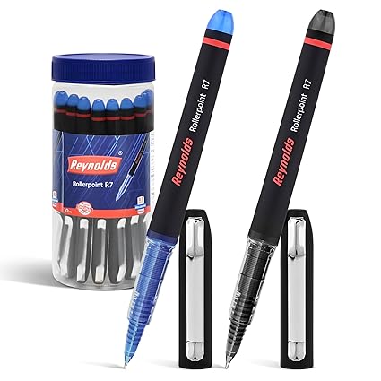 Reynolds R7 8 BLUE 2 BLACK RollerBall Pens| Roller PEN WITH COMFORTABLE GRIP | BLUE ROLLER BALL PENS FOR WRITING | PEN FOR PROFESSIONALS | 0.7 mm TIP SIZE