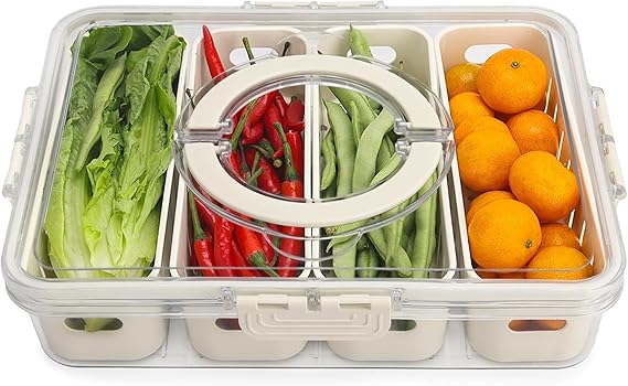 HomeWiz Divided Fridge Storage Box with Lid & Handle | 4-Compartment Veggie Tray Organizer