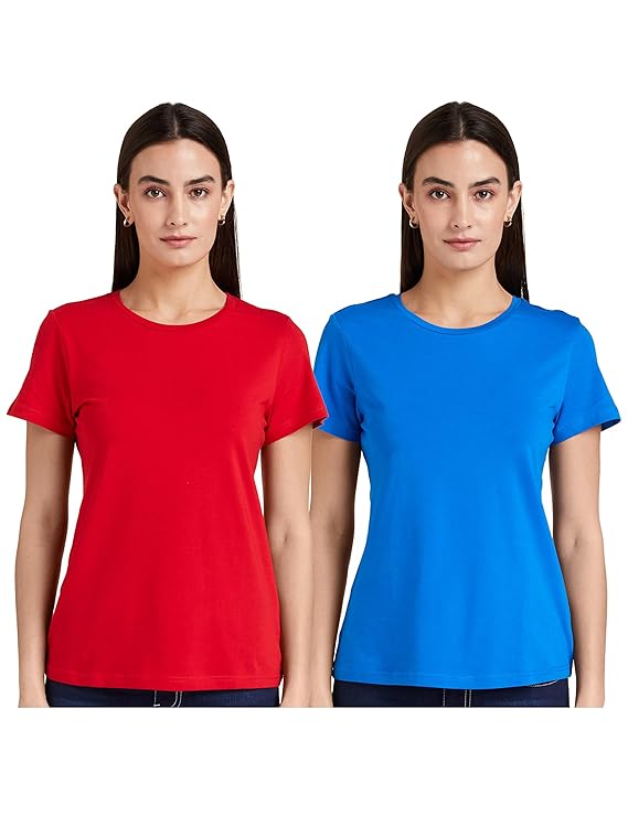 Amazon Brand - Symbol Women's Solid Cotton Stretch Half Sleeve Round Neck Regular Fit T-Shirt (Available in Plus Sizes)