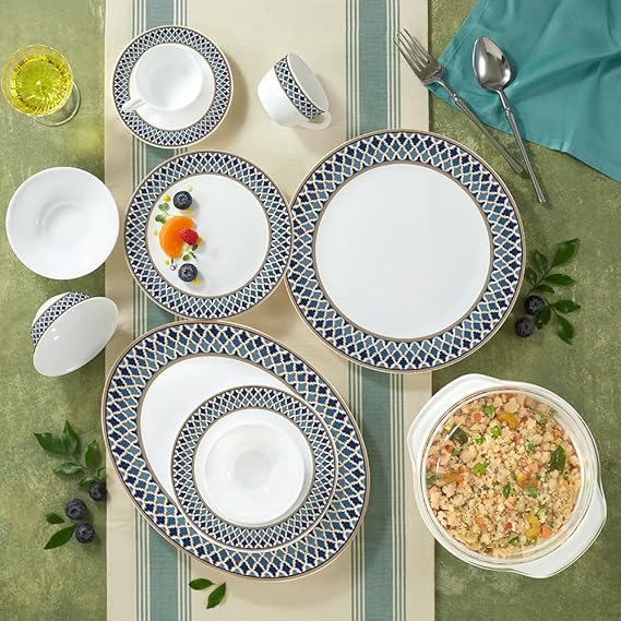Larah by Borosil Sapphire Crest Opalware Dinner Set | 61 Pcs for Family of 8 | Microwave & Dishwasher Safe | Bone-Ash Free | Crockery Set for Dining & Gifting | Plates & Bowls