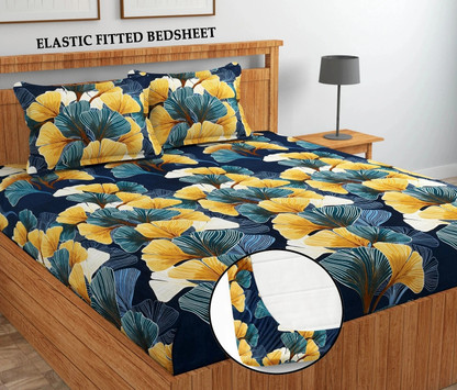 Moonroof Cotton Double Fitted (Elastic) 244 TC Printed Bedsheet (Pack of 1, Blue, Yellow)