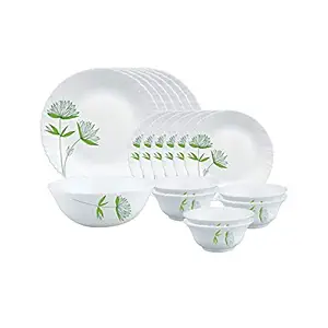 Larah by Borosil Green Lily Opalware Dinner Set, 19 Pieces, White