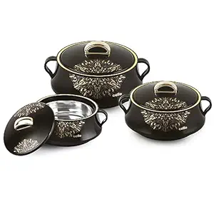 Cello Midas Insulated Inner Steel Casserole Set of 3, Black, (500ml, 1000ml, 1500ml) | Keeps Food Hot or Cold for Hours