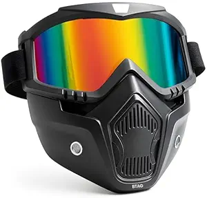 Btag Anti Scratch UV Protective Motorcycle Face Mask with Detachable Goggles | Anti-Fog UV Protection Riding Mask with Removable Breathable Filter | Full Face Windproof Shield for Biking.(Rainbow)