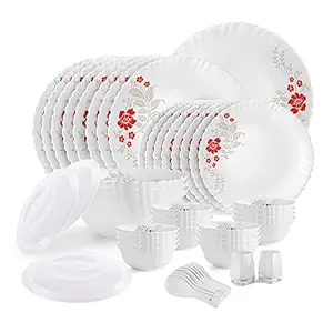 Cello Opalware Dazzle Series Scarlet Bliss Dinner Set, 49 Units | Opal Glass Dinner Set for 8 | Light-Weight, Daily Use Crockery Set for Dining | White Plate and Bowl Set