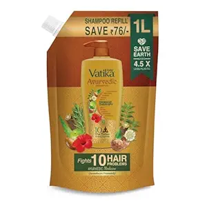 Dabur Vatika Ayurvedic Shampoo Refill Pouch - 1l | Damage Therapy | Power of 10 ingredients for solving 10 hair problems| No Parabens | For all hair types