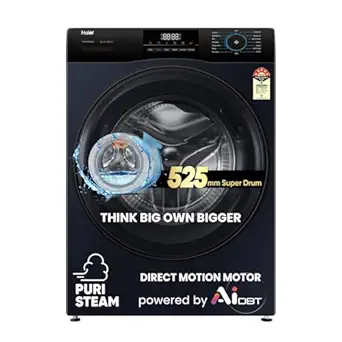 Haier 9 Kg 5 Star Powered by AI-DBT with Direct Drive Technology, PuriSteam, 525mm Super Drum Fully Automatic Front Load Washing Machine (EFL90-DM14IBIEBK,In-Built Heater,Steel Drum,Black)