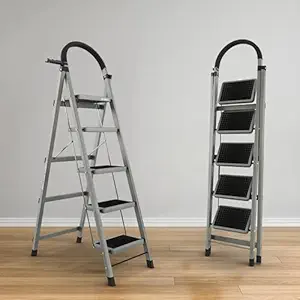 BUILDSKILL 5 Step Ladder for Home Use with Built-in Tool Tray | Heavy Duty D Shape Rods | 20 x 30 cm Large Platform | Wide Rubber Feet | Secure Lock | 150Kg Capacity Foldable Ladder - 5 Years Warranty