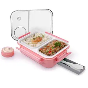 ATTRO Smart 2 Compartment Lunch Box with Small Container Spoon & Fork Included Snap Lock Design Leak-Proof BPA Free Food Grade- 750ml Peach, Plastic