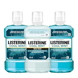 Listerine Cool Mint Mouthwash 250ml (Pack of 2) + Listerine Cool Mint Mild Taste Mouthwash 250ml (Pack of 1)