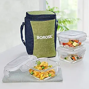 Borosil Ace Lunchbox with Bag | 3pc Square Container Set (320ml Each) | Made in India Borosilicate Glass Tiffin | Microwave & Dishwasher Safe Lunch Box for Office, College & School