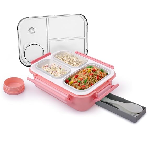 ATTRO Smart 3 Compartment Lunch Box with Small Container Spoon & Fork Included Four Side Snap Lock Breathable Button Design Leak-Proof BPA Free Food Grade- 690ml Peach, Plastic