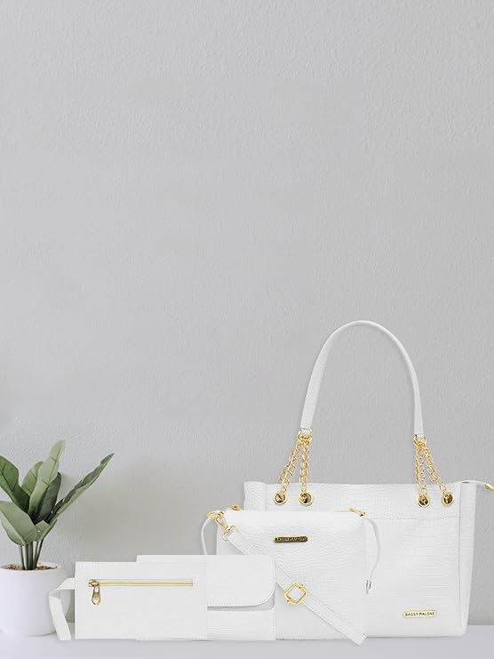 Bagsy Malone Vegan Leather Stylish Tote Bag Pack of 4 | for College Office & Daily Use (Croco White)