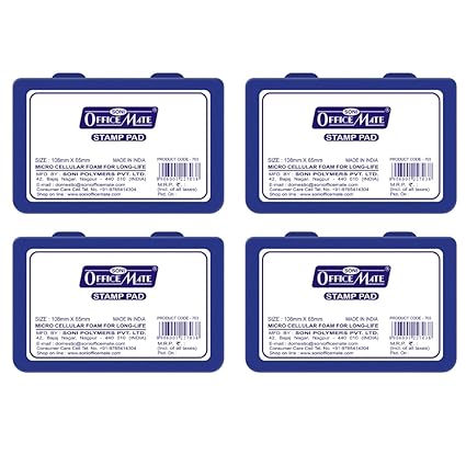 Soni Officemate Stamp Pad Blue | 88mm x 54mm | Quick-Dry, Smudge-Free Ink | Crisp Impressions | Refillable & Durable | For Office, School, Craft & DIY | Pack of 4