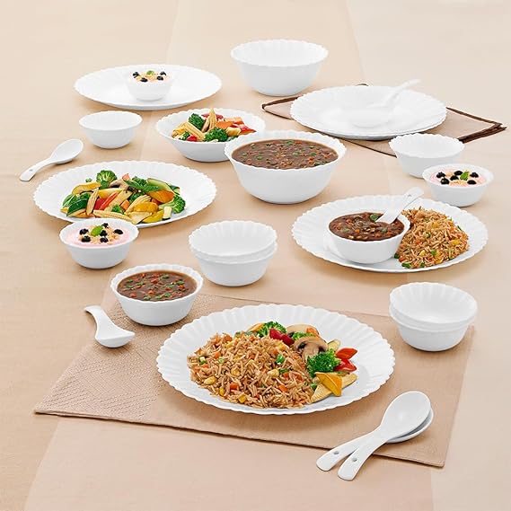Larah by Borosil Plain White Silk Series Opalware Dinner Set