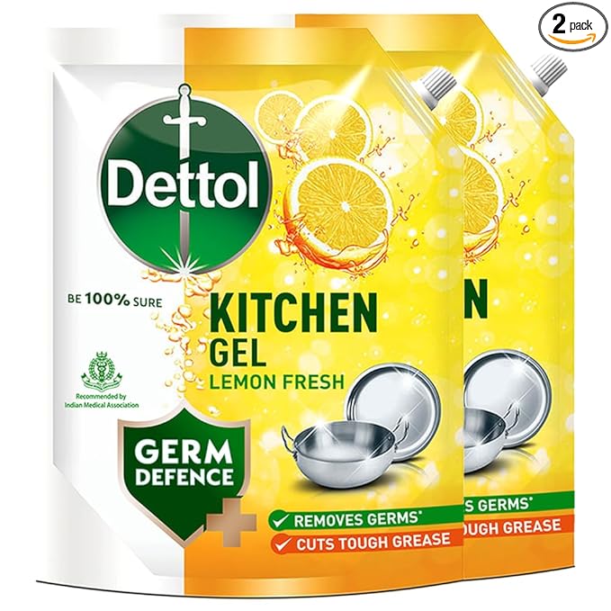 Dettol Lemon Fresh Dishwash liquid and Kitchen Gel || Cuts Tough Grease || Remove germs || 1500ml, (Refill Pack) (Pack of 2)