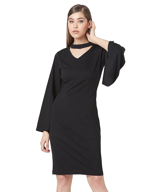 Miss Chase Women's Black V-Neck Flared Sleeve Solid Bodycon Knee-Long Dress
