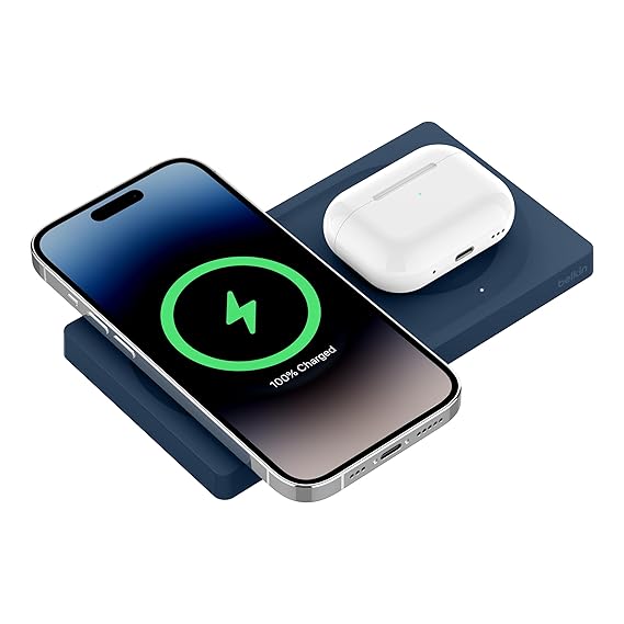 Belkin Magsafe 2-in-1 Wireless Charging Pad 15W | Fast Charging iPhone | Wireless Charging Station for iPhone 16, 15, 14,13 and 12 Series, AirPods, and Other MagSafe Enabled Devices | Navy Blue