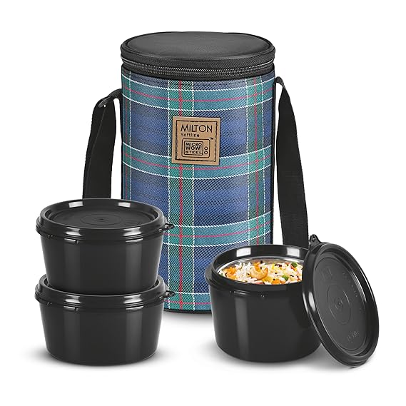 MILTON Lofty Lunch Box with Insulated Fabric Jacket, 3 PU Insulated Inner Stainless Steel Containers (1 x 320ml, 2 X 450ml Each), Microwave Safe & Leakproof Tiffin for Office, College, Navy Blue