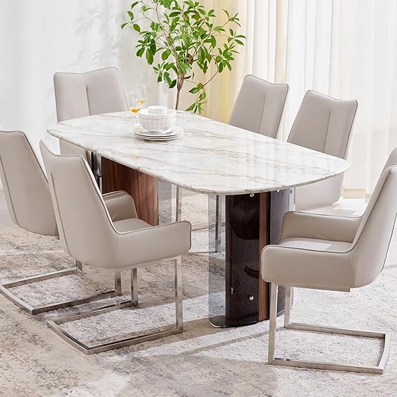 Home Centre Trinity Faux Marble 6-Seater Dining Set with Chairs - Beige